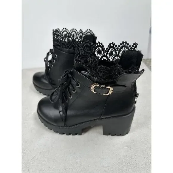 Black Lace Trim Heeled Combat Boots Goth Punk Grunge Alt Platform Chunky Sz 41 - Picture 3 of 7
